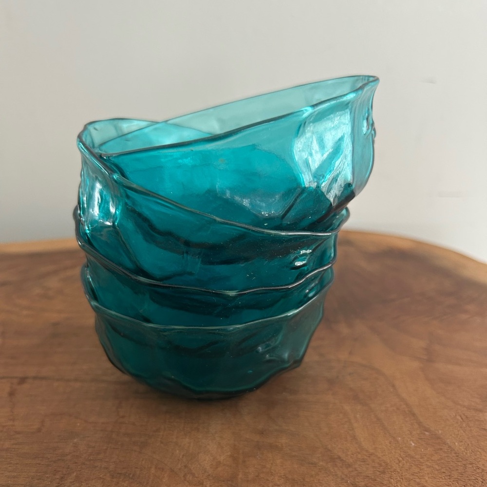 Set of 4-Morgantown Crinkle Teal Blue driftwood textured Fruit Dessert Bowls 4”W